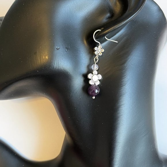Lavender Purple Amethyst Bead Earrings Silver Plated Flower Dangle Semiprecious - Picture 3 of 7